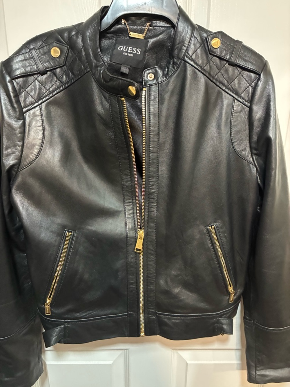 Guess Black Leather Jacket with Gold Hardware Size Large - Picture 3 of 5